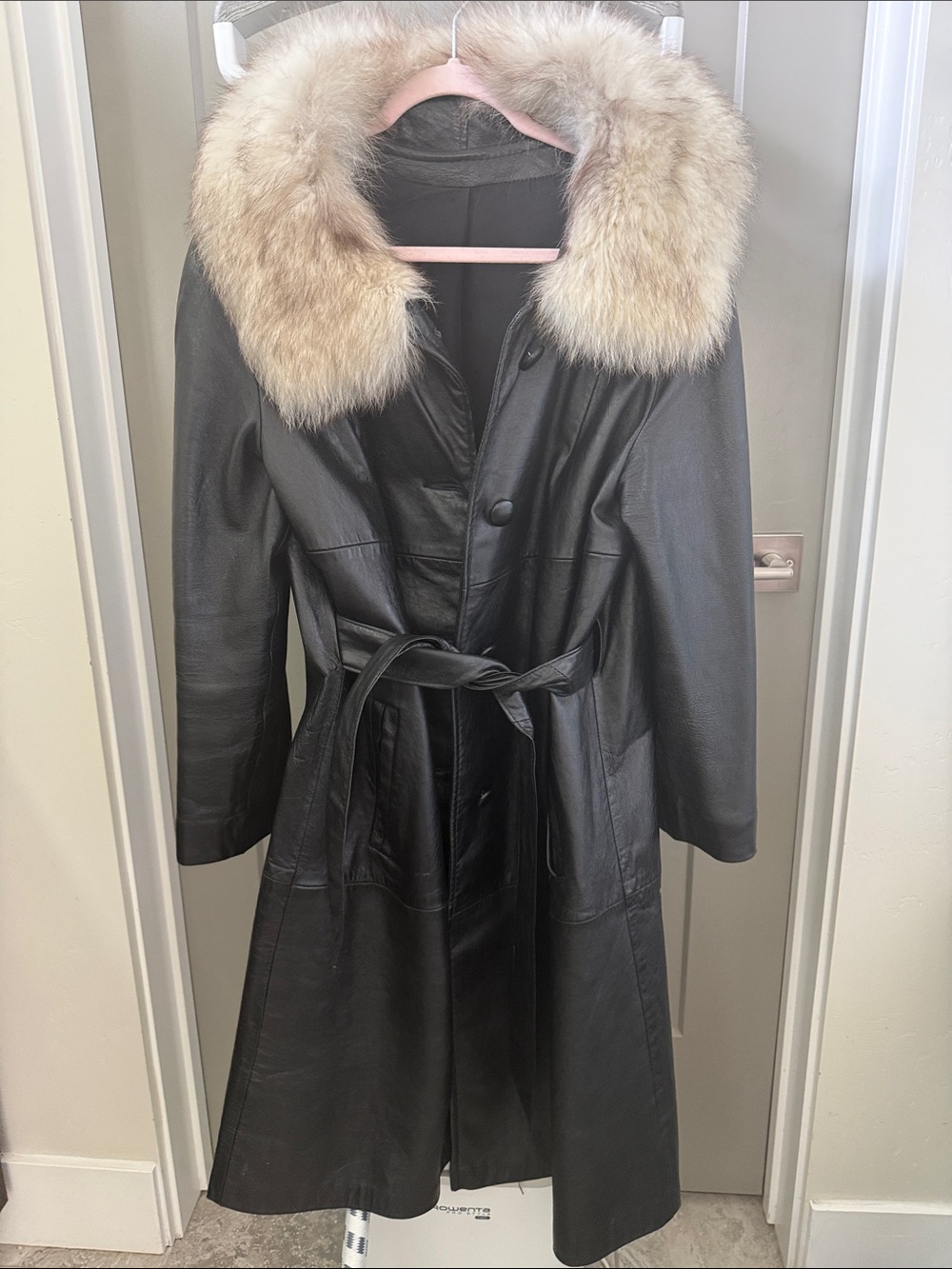 Black Leather Trench Coat with Fur Collar